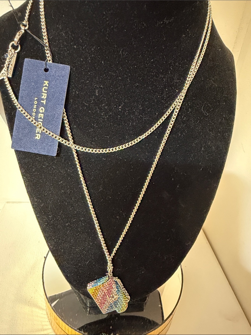 Kurt Geiger London Purse Long Necklace Multicolored Rainbow Crystals NEW 36”